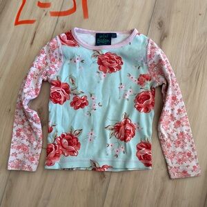 Mini Boden Floral Long Sleeve Kids Top - Red and Light Blue